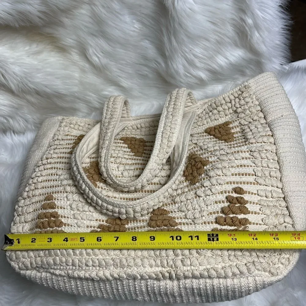 Evelyn K Hobo beige cotton extra large tote with brown and gold stitchin…